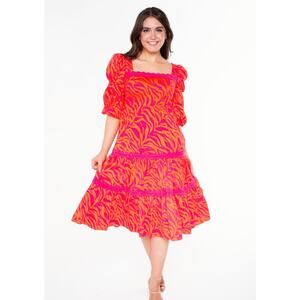 NWT Alden Adair Women Red Pink Cotton Tiered Animal Print Mia Midi Dress Size XS